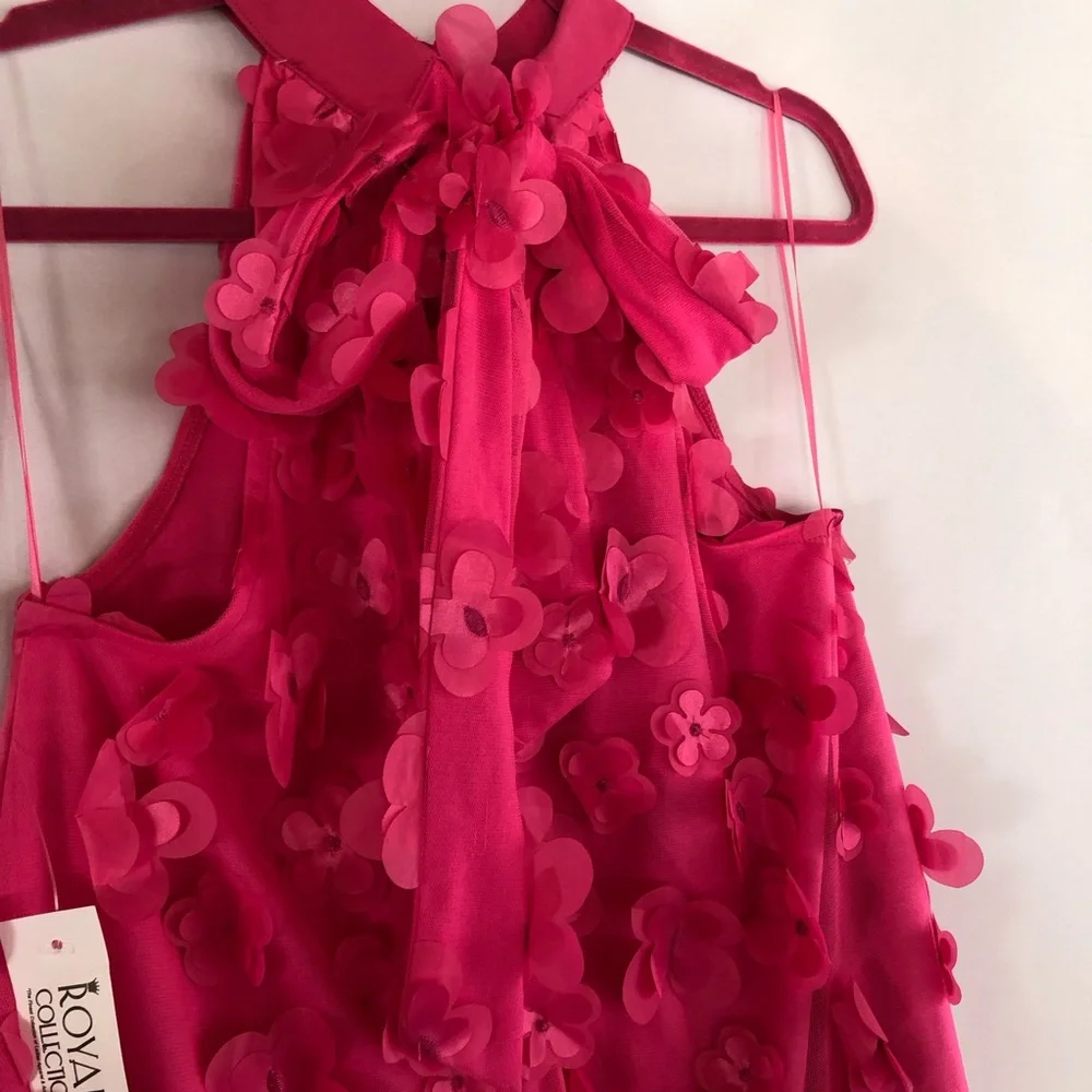 TCEC Pink 3D Floral Mini Halter Dress With Back Bow Tie Size M Valentine Party